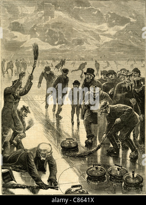 Antique engraving, 'Curling Match' in Scotland, by W. Small, 1869. Stock Photo