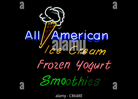 All American ice cream neon sign isolated on black Stock Photo