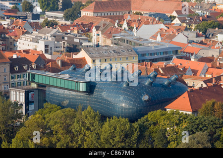 Aerial View of Modern Building of Grazer Kunsthaus (Graz Art Museum) from Schlossberg Hill, Styria, Austria Stock Photo