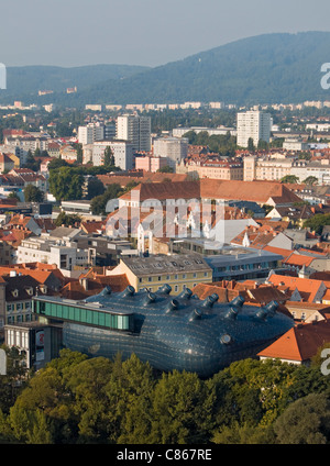 Aerial View of Modern Building of Grazer Kunsthaus (Graz Art Museum) from Schlossberg Hill, Styria, Austria Stock Photo