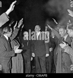 OSWALD MOSLEY (1896-1980) English Facist leader at a reunion of supporters at the Tyssen Arms, Hackney, London in 1953 Stock Photo