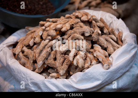 Dried root ginger on sale at Khari Baoli spice and dried foods market, Old Delhi, India Stock Photo