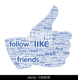 Illustration of the thumbs up symbol, which is composed of words on social media themes. Isolated on white. Stock Photo