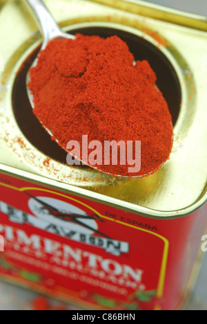 A spoon and tin of Spanish smoked mild paprika powder (pimenton dulce ahumado). 2011. Stock Photo