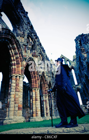 WHITBY; GOTH AT WHITBY ABBEY DURING THE GOTH FESTIVAL Stock Photo
