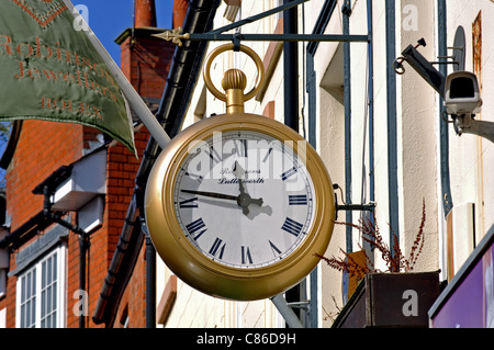 Pocket watch clock outside jewellers shop, Lutterworth, Leicestershire, England, UK Stock Photo