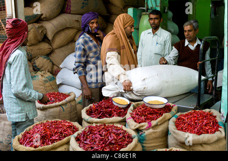 Businessmen and porters at stall selling red chillies at Khari Baoli spice and dried foods market, Old Delhi, India Stock Photo