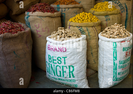 Red chillies, turmeric and ginger root on sale at Khari Baoli spice and dried foods market, Old Delhi, India Stock Photo