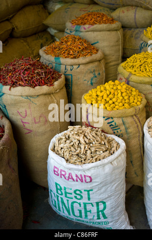 Red chillies, turmeric and ginger root on sale at Khari Baoli spice and dried foods market, Old Delhi, India Stock Photo