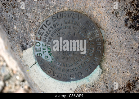 A reference marker found in the Santa Fe National Forest denoting the date and location of a geological survey marker. Stock Photo