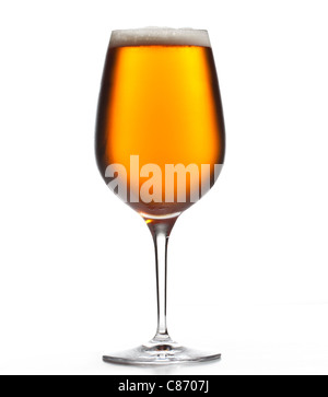Chilled isolated wine goblet with small droplets of condensation on the outside of the glass and filled with golden colored beer Stock Photo