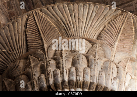 Column capital and astrological ceiling within the Hypostyle Hall at the Ptolemaic Roman Temple Of Khnum at Esna, Egypt Stock Photo