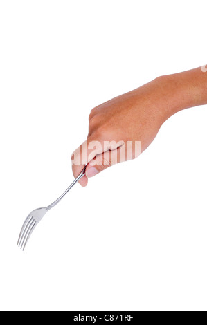 man hand holding a fork, isolated with clipping path in jpg. Stock Photo