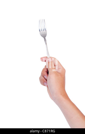 man hand holding a fork, isolated with clipping path in jpg. Stock Photo