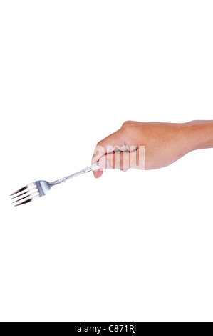 man hand holding a fork, isolated with clipping path in jpg. Stock Photo