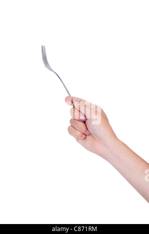 man hand holding a fork, isolated with clipping path in jpg. Stock Photo