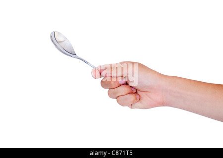 man hand holding a spoon, isolated with clipping path in jpg. Stock Photo