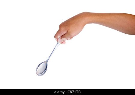 man hand holding a spoon, isolated with clipping path in jpg. Stock Photo