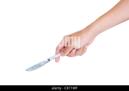 man hand holding a butter knife, isolated with clipping path in jpg. Stock Photo