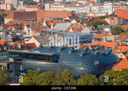 Aerial View of Modern Building of Grazer Kunsthaus (Graz Art Museum) from Schlossberg Hill, Styria, Austria Stock Photo