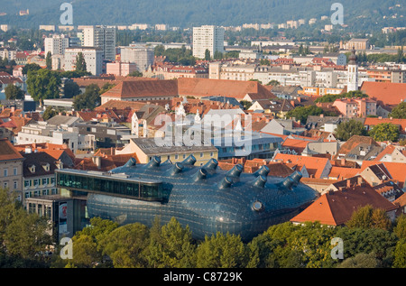 Aerial View of Modern Building of Grazer Kunsthaus (Graz Art Museum) from Schlossberg Hill, Styria, Austria Stock Photo