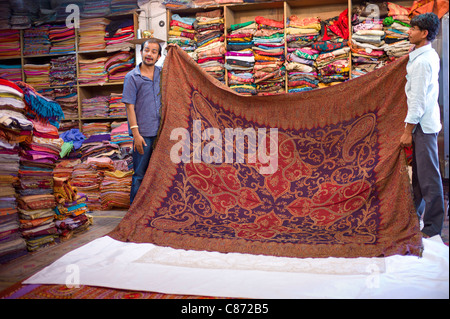 Shop selling cashmere and silk fabrics and textiles at Maharani Art Exports in Katala Bazar, Jodhpur Old Town, Rajasthan, India Stock Photo