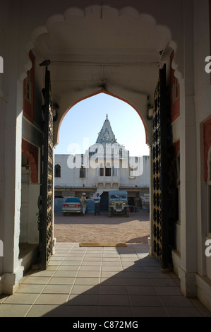 Rohet Garh fortress palace hotel with battlement walls with drawings of aristocratic ancestors Rohet, Rajasthan, Northern India Stock Photo