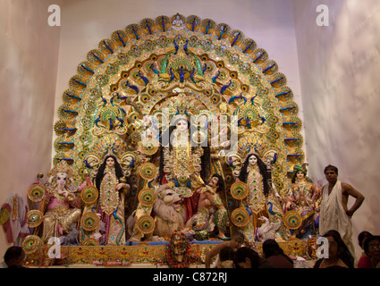 Intricately decorated depiction of Goddess Durga at 'Mudiali Club Puja pandal' in Kolkata (Calcutta), West Bengal, India Stock Photo