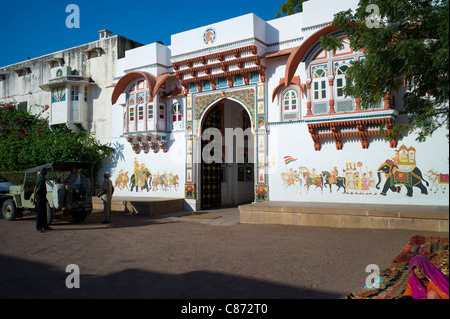 Rohet Garh fortress palace hotel with battlement walls with drawings of aristocratic ancestors Rohet, Rajasthan, Northern India Stock Photo