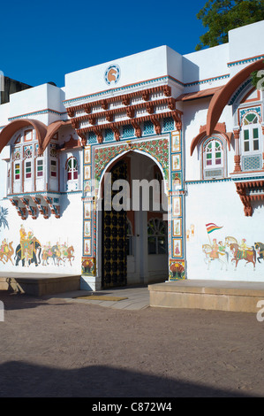 Rohet Garh fortress palace hotel with battlement walls with drawings of aristocratic ancestors Rohet, Rajasthan, Northern India Stock Photo