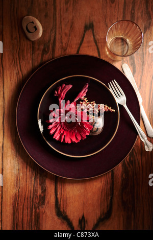 Place Setting on Wooden Table Stock Photo