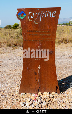 Memorial to gypsies at Camp de Rivesaltes between Rivesaltes and Perpignan in southern France.  SEE DESCRIPTION FOR DETAILS. Stock Photo