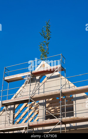 Germany, Baden-Wurttemberg, Stuttgart, View of scaffolded building with topping-out tree Stock Photo