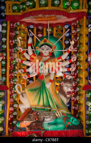 Depiction of Goddess Durga at 'Karbagan Durga Puja pandal' in 'Ultadanga', Kolkata (Calcutta), West Bengal, India. Stock Photo