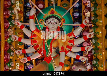 Depiction of Goddess Durga at 'Karbagan Durga Puja pandal' in 'Ultadanga', Kolkata (Calcutta), West Bengal, India. Stock Photo