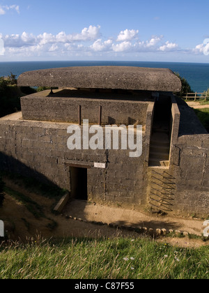 Vertical portrait of Range-finiding post for gun batteries at Lounges sur Mer Atlantic wall Normandie, France Stock Photo