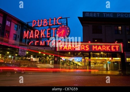 Pike Place Market at dusk, Seattle, Washington, USA Stock Photo