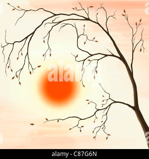 Illustration of a cherry tree with falling leaves in autumn sunset scenery against a red sun Stock Photo