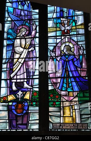 The Annunciation of Mary stained glass window, St. Dionysius Church, Market Harborough, Leicestershire, England, UK Stock Photo