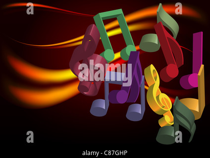 Abstract Party Background - Multicolor Notes and Flames on Black Background Stock Photo
