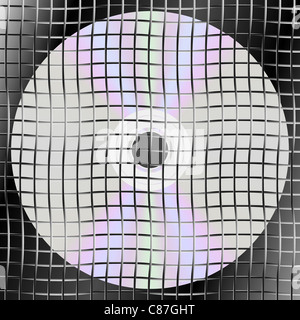 Music Background - CD Compact Disc and Metallic Wire Grid Stock Photo