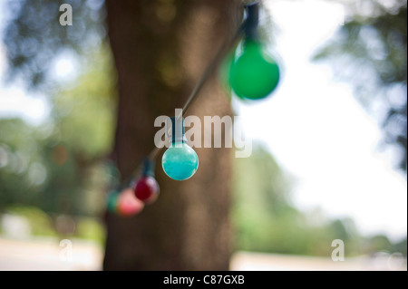 A string of colorful glass lights hands between trees. Stock Photo