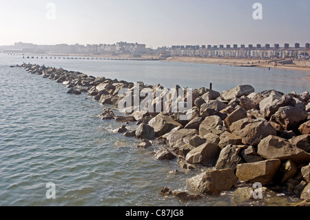 Rock armour protecting the town of Lowestoft from coastal erosion, Suffolk, UK. Stock Photo