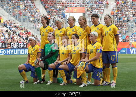 The Sweden starting eleven lines up before the 2011 FIFA Women's World Cup third place match against France. Stock Photo