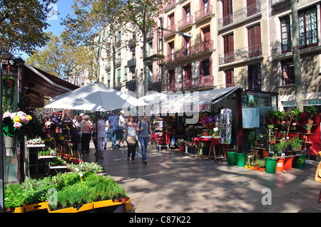 Flower stalls, La Rambla, Ciutat Vella District, Barcelona, Province of Barcelona, Catalonia, Kingdom of Spain Stock Photo