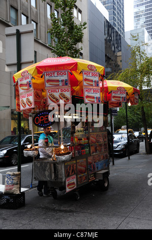 Sidewalk mobile fast food snacks stall, selling soda drinks, hot-dogs, chili-dogs, corner West 54th Street 5th Avenue, New York Stock Photo