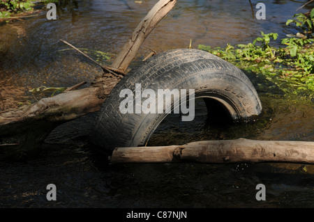 Plastic containers, tires and other pollutants collect in the Santa Cruz River, Tubac, Arizona, USA, in the Sonoran Desert. Stock Photo