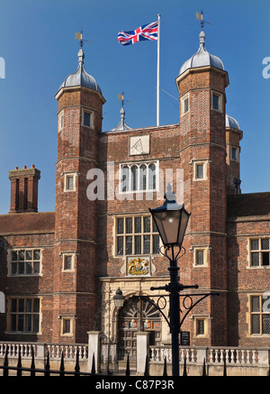 Abbot's Hospital a Jacobean alms house flying the Union Jack  in High Street  Guildford, Surrey, England Stock Photo