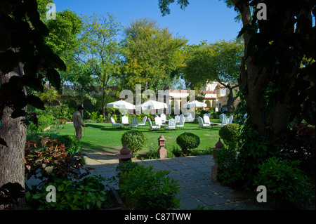 Rohet Garh fortress palace hotel garden and terrace Rohet, Rajasthan, India Stock Photo