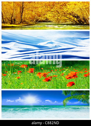 Four seasons collage, panoramic of beautiful natural landscapes at different time of the year, autumn, winter, spring summer Stock Photo